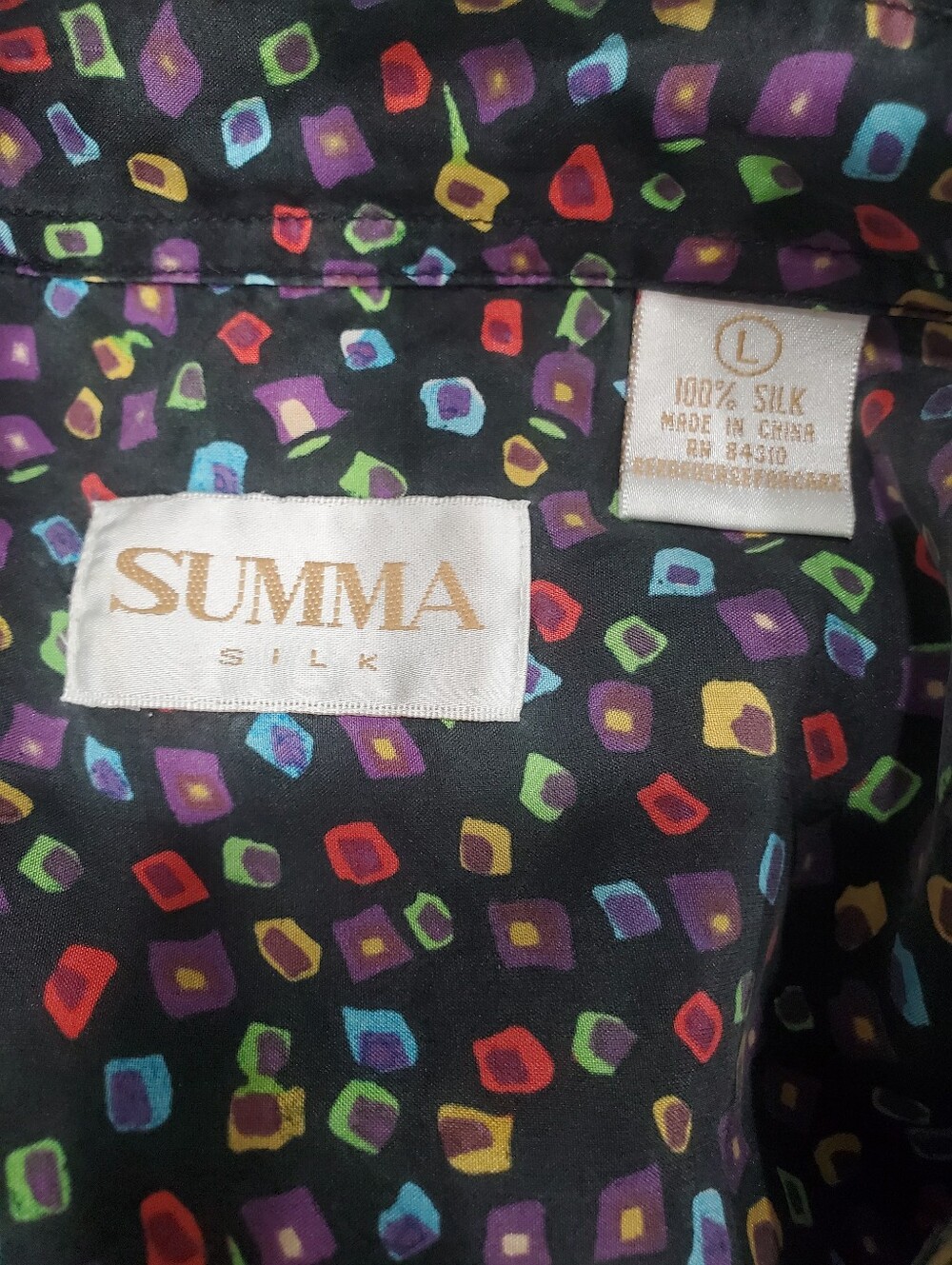 Summa Men's Vintage 100% Silk Button Down Shirt Size L Multicolor Mosaic - Picture 5 of 6